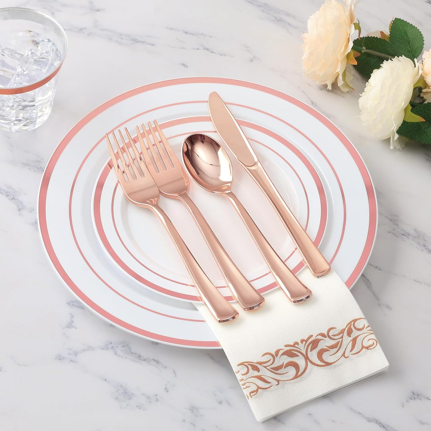 Goodluck 350 Pieces Gold Dinnerware Set for 50 Guests, Plastic Plates Disposable for Party, Include: 50 Gold Rim Dinner Plates, 50 Dessert Plates, 50 Paper Napkins, 50 Cups, 50 Gold Silverware Set