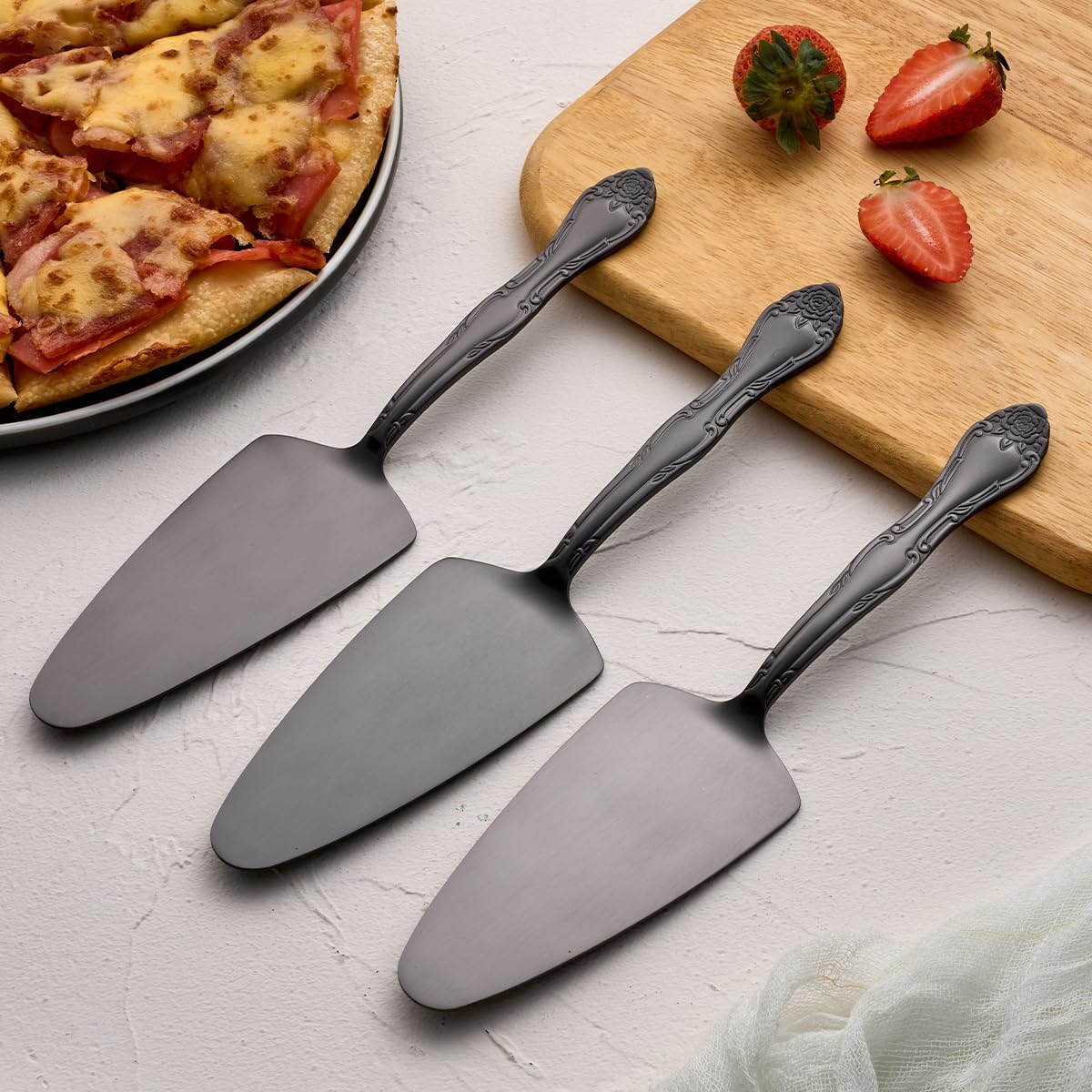 3-Piece Cake Server Set - 9.3-Inch Matte Black 430 Stainless Steel with Rose Handle Design - for Cake, Pie, Pizza, and Dessert Serving - Dishwasher Safe Pastry Server Set