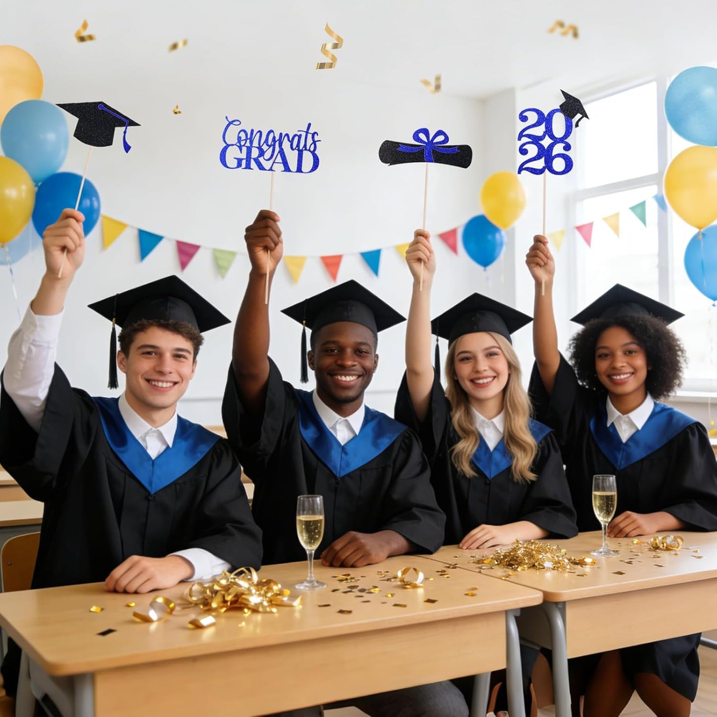 Graduation Decorations 2026, 16pcs Graduation Centerpieces for Table, Gold and Black Graduation Table Centerpieces Toppers, Class of 2026 Graduation Party Decorations Double Sided
