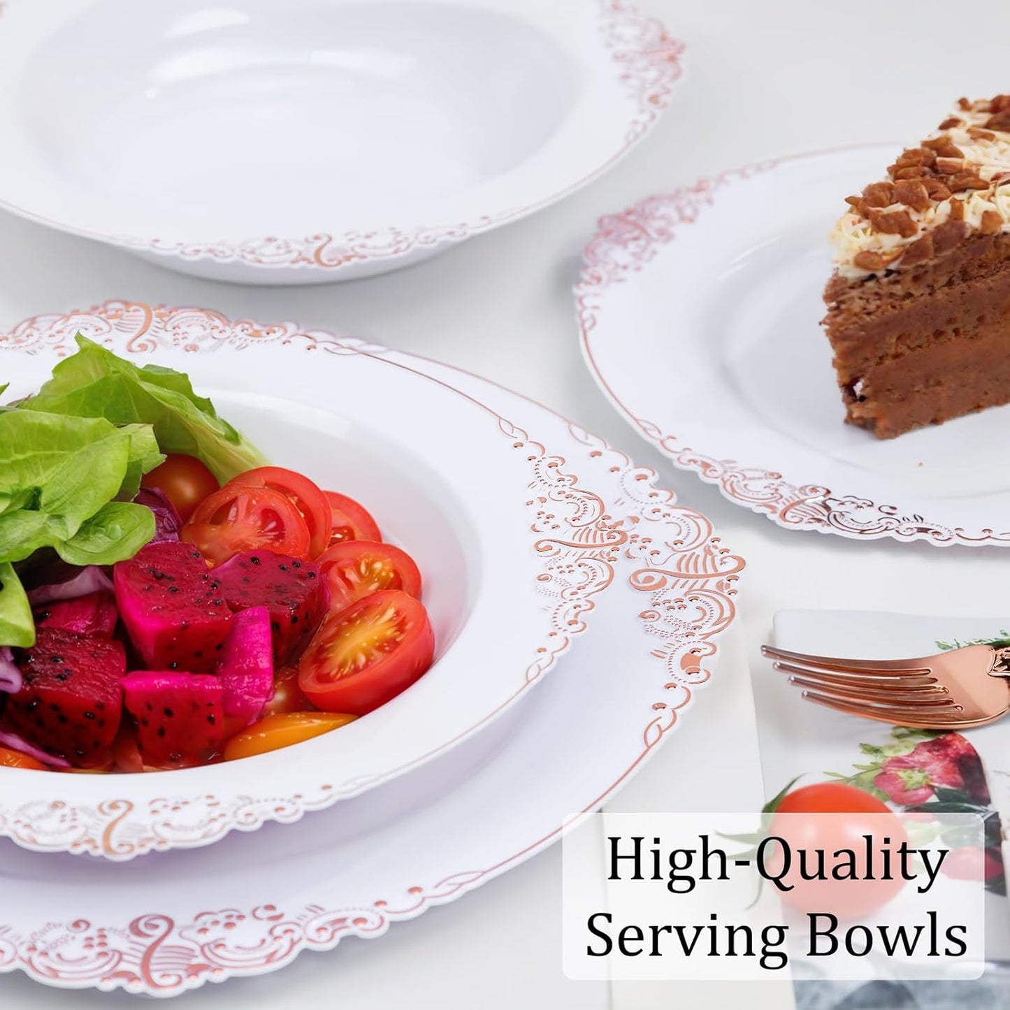 Nervure 50 Pack White Plastic Bowls with Gold Rim - 12oz Disposable Soup Bowls - Heavy Duty Dessert Bowl, Salad Bowl Perfect for Weddings, Parties, Mothers Day