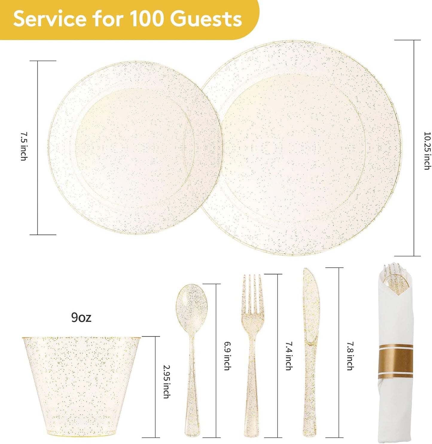 Goodluck 350 Piece Silver Plastic Dinnerware Set for 50 Guests, Fancy Disposable Plates for Party, Include: 50 Dinner Plates, 50 Dessert Plates, 50 Pre Rolled Napkins with Silver Silverware, 50 Cups