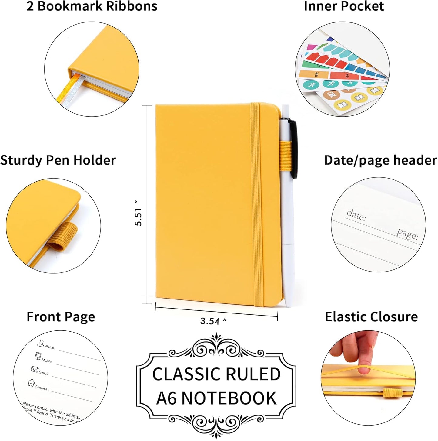 feela 6 Pack Pocket Small Notebooks Bulk, Mini Cute Memo Notepads Hardcover College Ruled Lined Journals with Pen Holder for Women Girls Office School, with 6 Black Pens, 3.5”x 5.5”, A6, Rose Pink