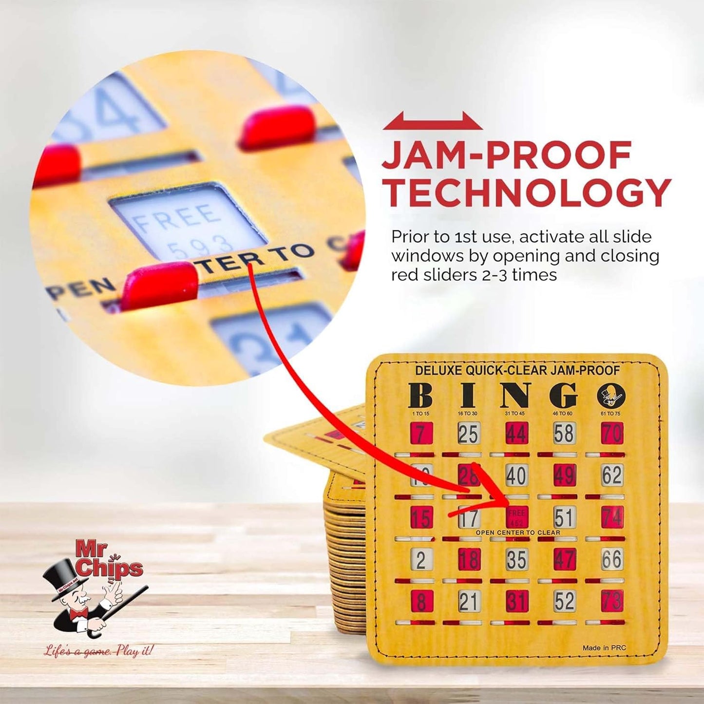MR CHIPS Jam-Proof Bingo Cards with Sliding Windows, 25 Reusable Shutter Cards, 75 Calling Cards 1 Master Board in Tan Woodgrain Style