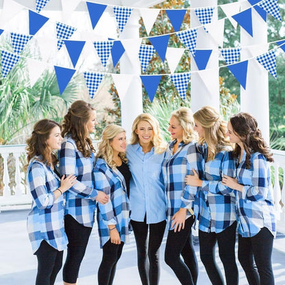 32Ft Dusty Blue Party Decorations Retro Blue Gingham Triangle Banner Flag Pennant Fabric Garland Streamers for Nautical Wedding Birthday Ahoy Achor Bridal Baby Shower Under The Sea Decor Supplies
