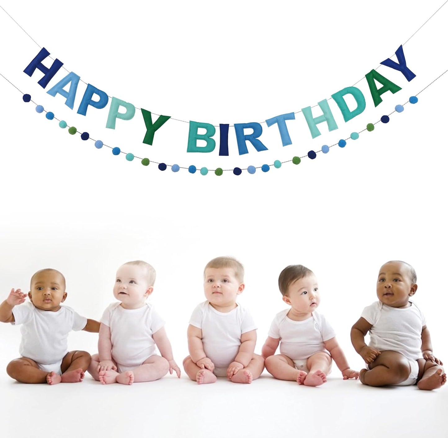 2 PCS Pre-Strung 3D Felt Happy Birthday Banner - Reusable Blue and Green Happy birthday Decorations Sign,Handmade Wool Felt Ball Garland, Pom Pom Garland, Party Decor, Photo Prop
