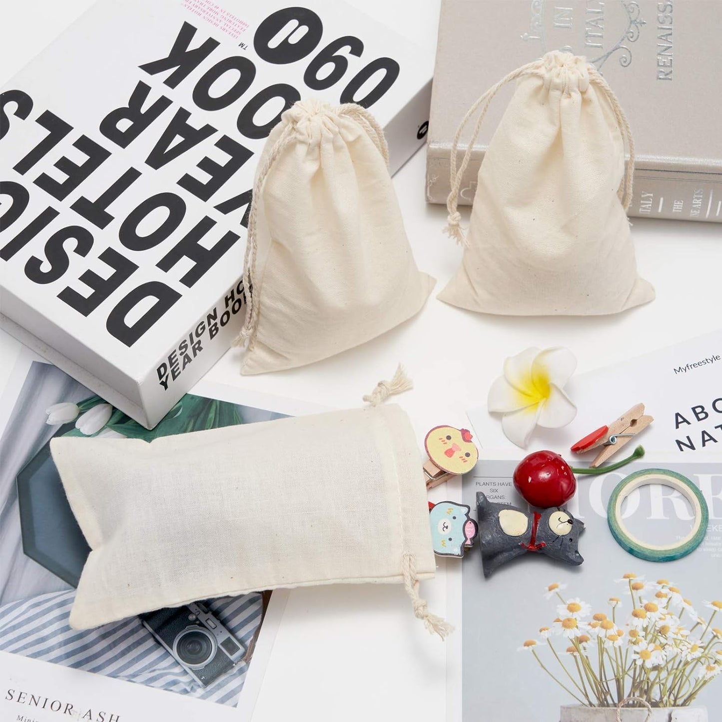 gobyhumm 50 Pieces Pure Cotton Drawstring Bags Muslin Bags Sachet Bag for Home Supplies （2.8 * 3.5"）