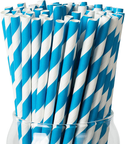 PakTalk 100 Pack Red Straws, Disposable Red and White Biodegradable Paper Striped Straws for Cocktail, Milkshake, Coffee, Lemonade (0.24" x 7.75")