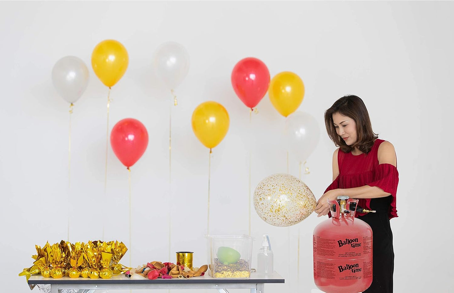 Helium Tank for Balloons At Home, 50 Balloons and White Ribbon, 12 Black Balloon Weights, Plus Balloon Tying Tool