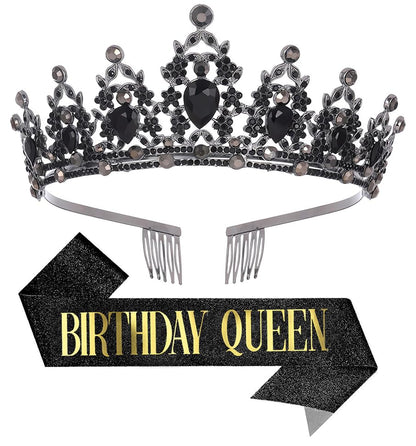 Birthday Tiara Crown with Sash for Women, Headband Hair Accessories for Wedding Party Costume