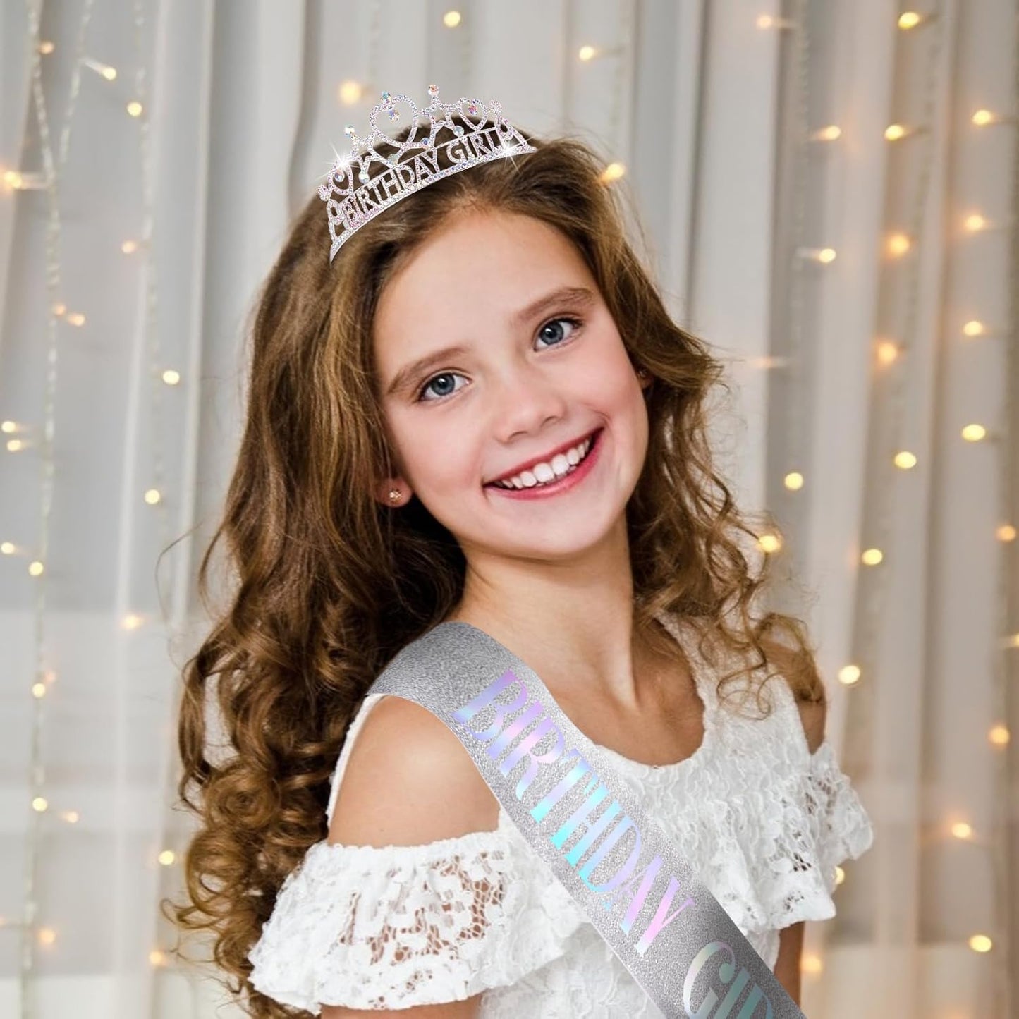 CIEHER Birthday Girl Crown and Sash Set for Birthday Decorations Gifts for Women Girls - Silver AB Rhinestones