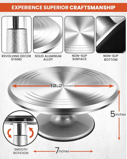 RFAQK 250 PCs Aluminum Cake Decorating Tools Kit with 12" Metal Turntable & Knife set-48 Numbered Icing Tips-3 Russian Piping Nozzles-Straight & Angled Spatula-Cake Leveler& Baking Supplies Tools