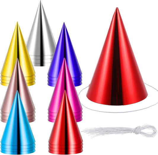28-Pack Birthday Party Hats for Adults,Colorful Birthday Party Hats,Small Metallic Foil Cone Hat, in 7 Festive Colors, One Size Fits Most Celebration Headwear