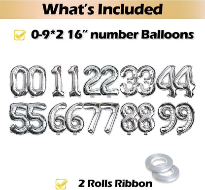 [20 Pcs] 16" Gold Foil Number Balloons (2 sets of 0-9) - Mylar Aluminum Hanging Decorations for Graduation, Birthday, Christmas & New Year's Eve Parties