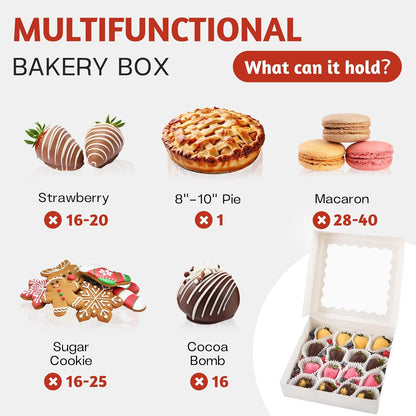 ZORRITA 30 Pack Auto Pop-up Cookie Boxes with Window, 12" x 8" x 2.5" White Bakery Boxes Treat Boxes for Chocolate Covered Strawberries, Breakable Heart, Sugar Cookies, Cake Pops, Donuts, Pastries