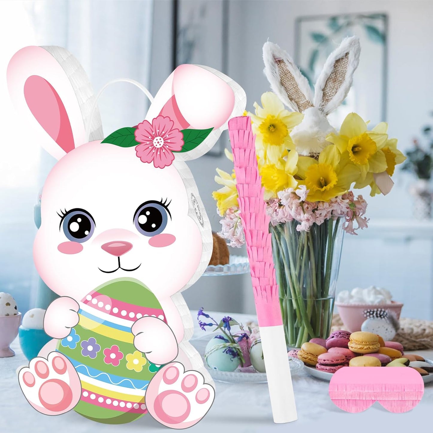 Easter Bunny Pinata Funny Bunny Egg Pinata with Blindfold & Stick for Birthday Decorations Easter Party Supplies Spring Decorations