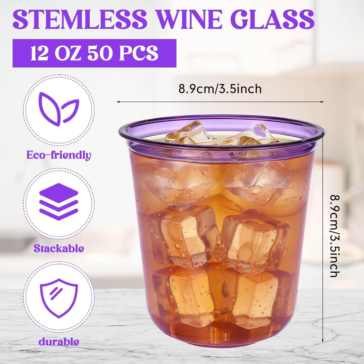 Ziliny 50 Pcs Disposable Stemless Glasses 12oz Crystal Plastic Wine Glasses Clear Classic Pet Cup for Meeting Weddings Birthdays Cocktail Christmas Party Supplies (Pink)
