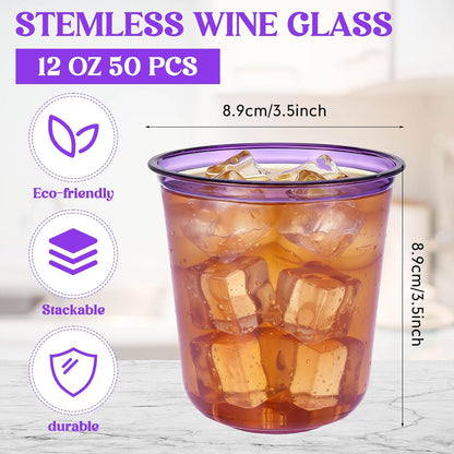 Ziliny 50 Pcs Disposable Stemless Glasses 12oz Crystal Plastic Wine Glasses Clear Classic Pet Cup for Meeting Weddings Birthdays Cocktail Christmas Party Supplies (Pink)