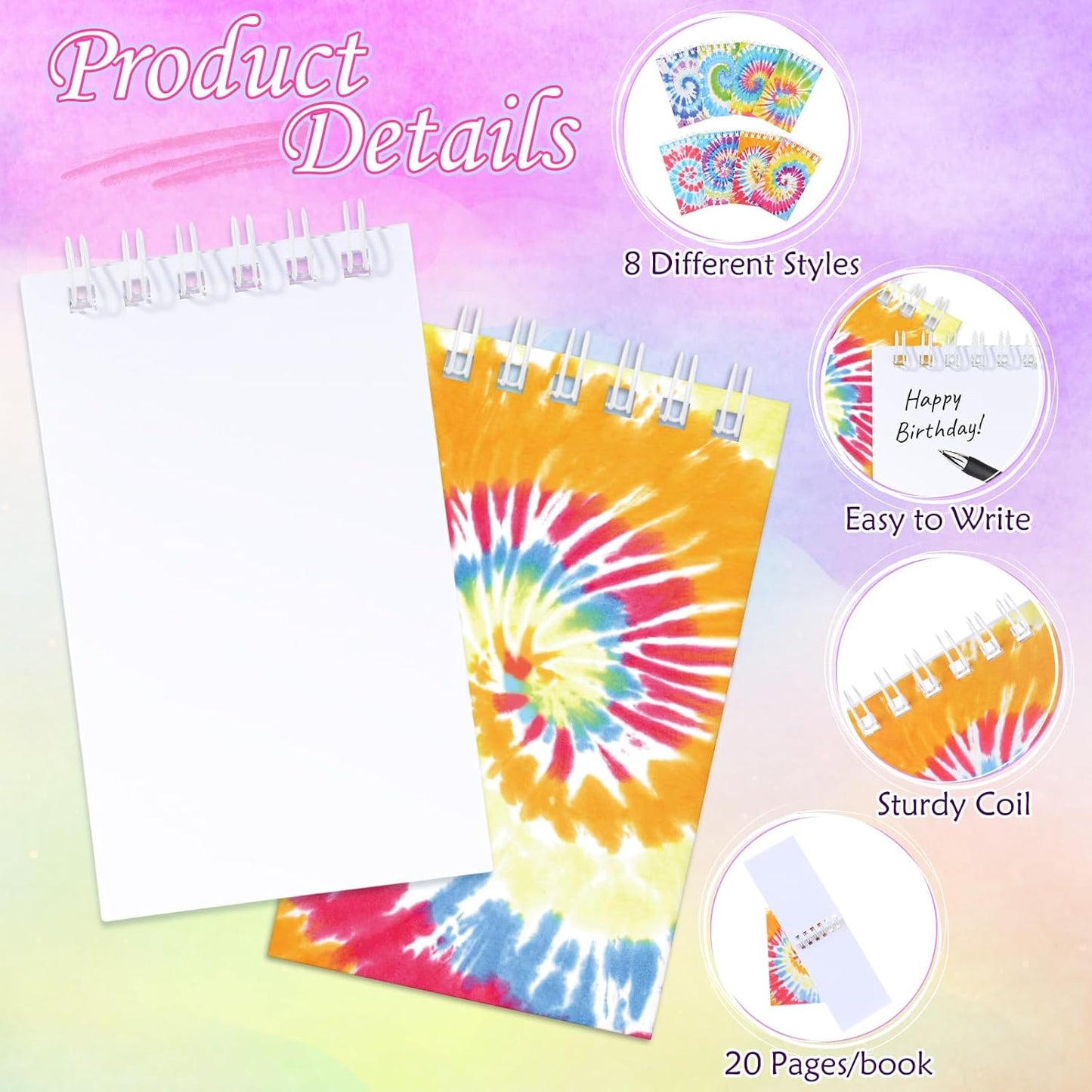 24 Pcs Mini Tie Dye Notebooks Tie Dye Party Favors Spiral Notepads Pastel Notebooks Pocket Notepads for Kids Teacher Classroom Supplies Birthday Party Goodie Bag Filler