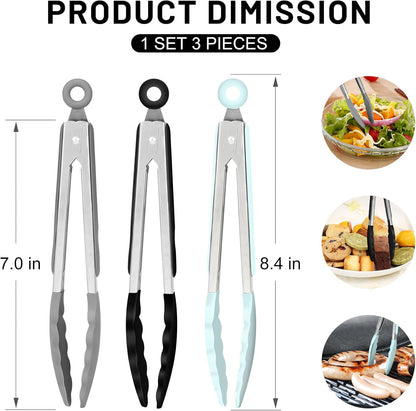 Hotec Mini Silicone Kitchen Tongs for Cooking - 7-Inch Small Serving Tongs with Silicone Tips, Set of 3 (Blue)