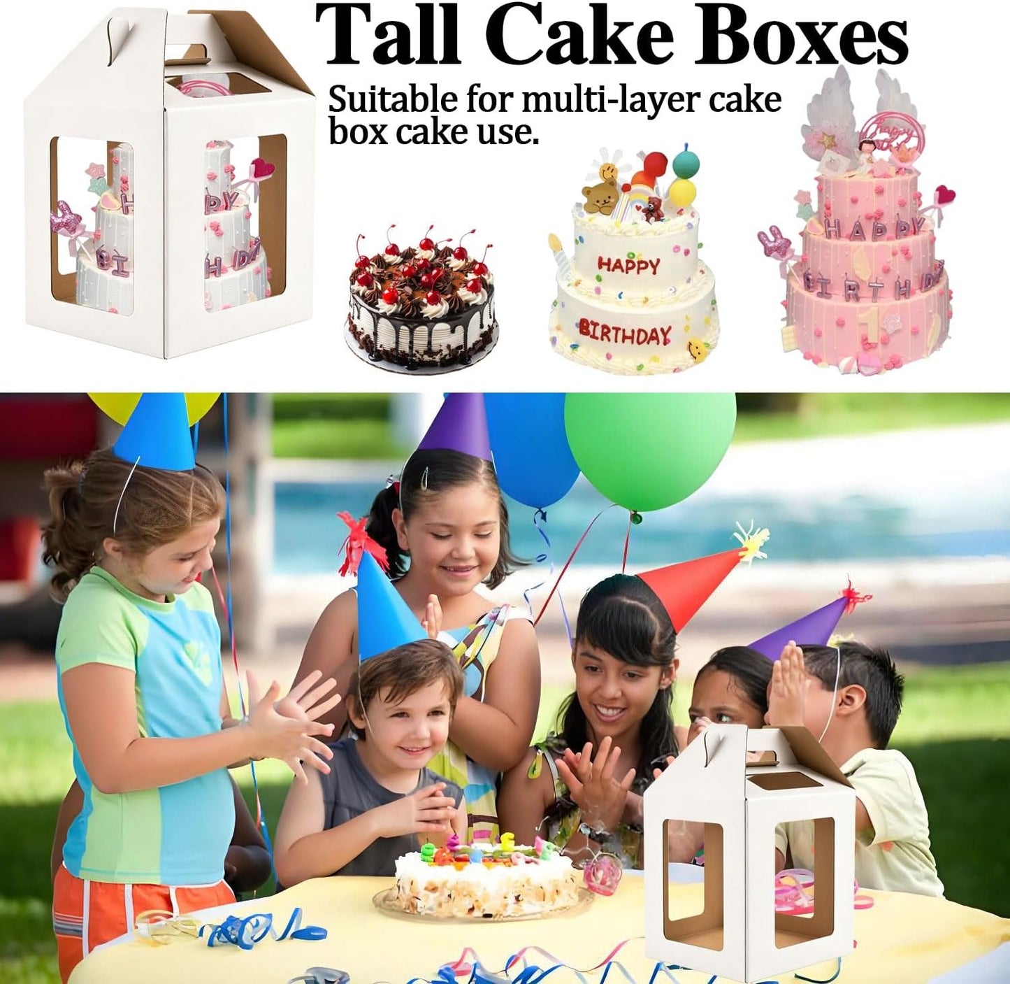 Cake Boxes - 2 Pack Tall Cake Box 10x10x12 Inch Disposable Layer Carrier with 6 Window Large Tierd Cake Out Transport Containers with Handle for Wedding, Birthday, Party