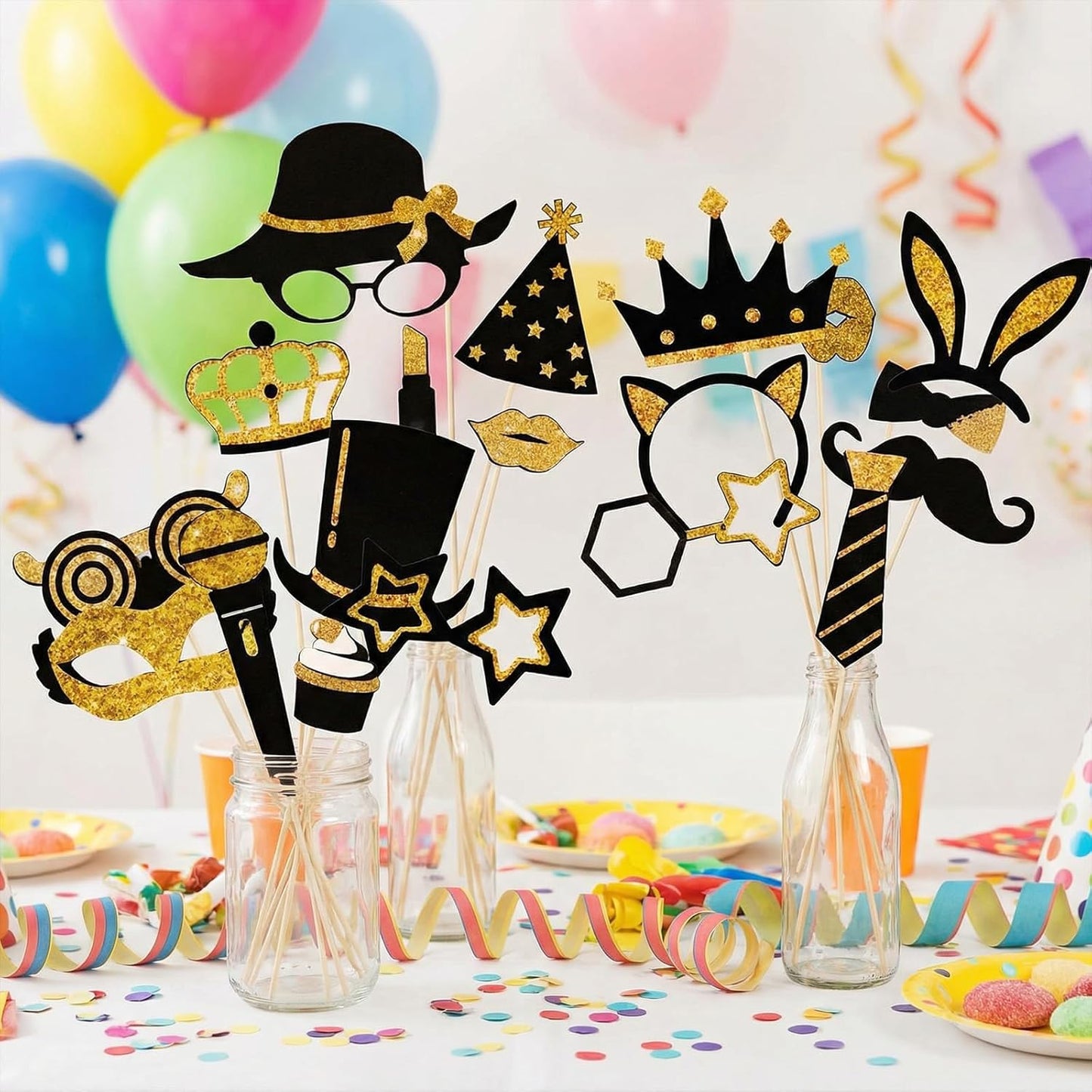 Fnuqz Black Gold Birthday Photo Booth Frame 23Pcs Photo Booth Props Set Party Selfie Birthday Party Decorations Funny Cute Selfie Supplies