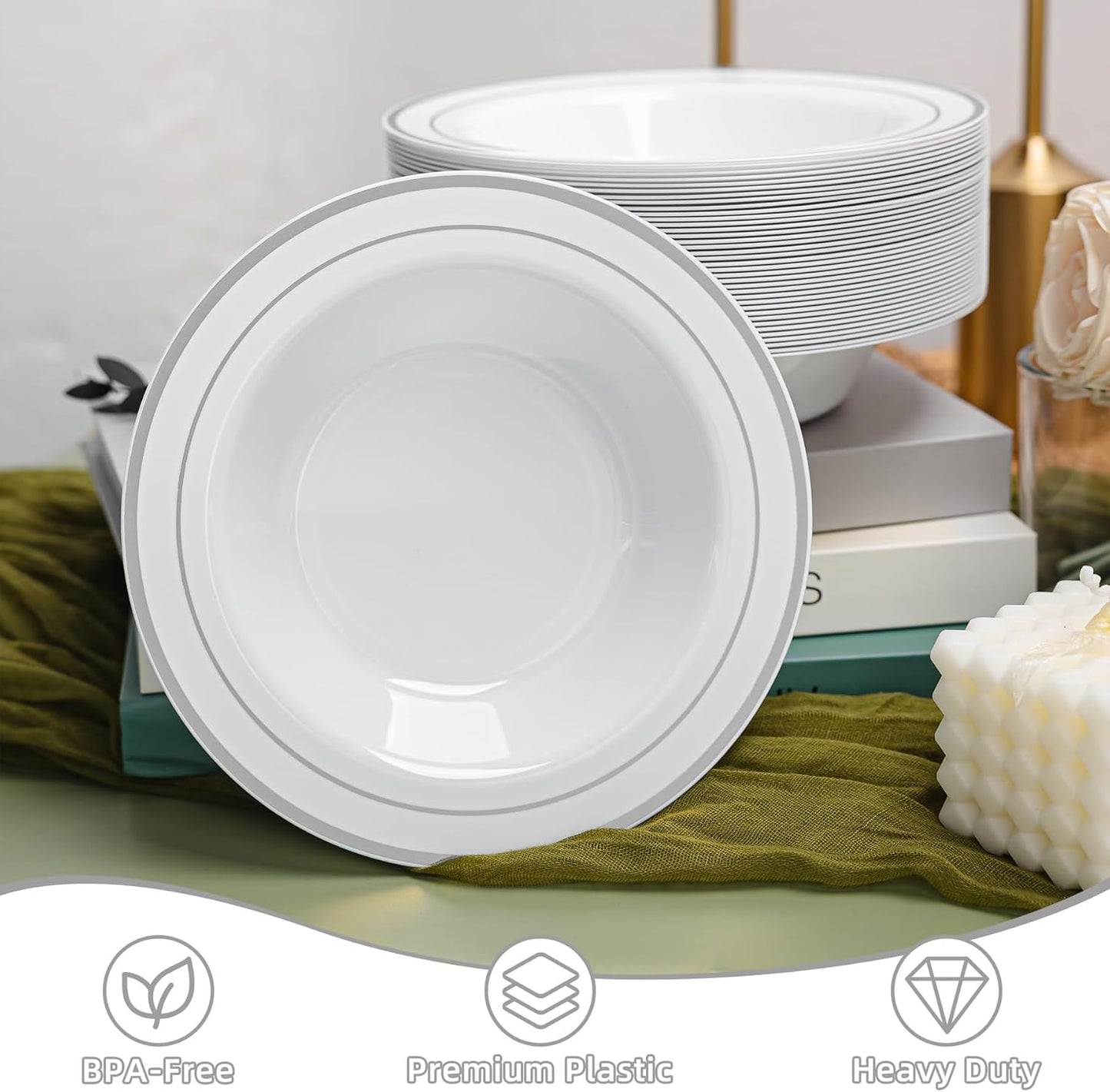 100 PCS Plastic Bowls with Gold Rim, 12oz Premium Heavy Duty Soup Bowls, Dessert and Salad Bowls for Party, Wedding and Holiday