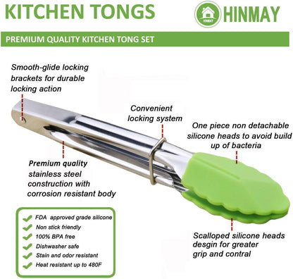 HINMAY Small Tongs with Silicone Tips 7-Inch Mini Serving Tongs, Set of 6 (Green Red Blue Purple Pink Orange)