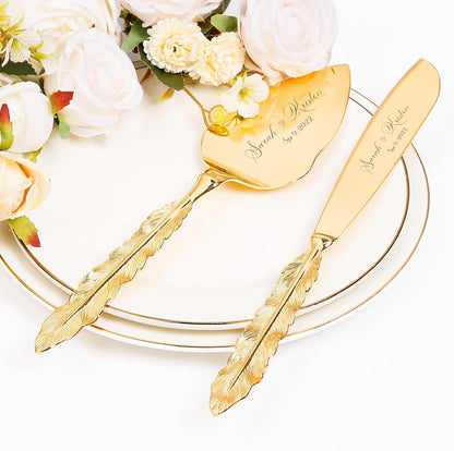 Wedding Cake Knife and Server Set, Personalized Gold Cake Cutting Set for Wedding, Engraved Classic Cake Knives Cutter Set, Pie Server, Birthday Bridal Quinceañera Gift (CUS-Flower)