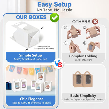 Cupcake Boxes 50 pcs, Individual Cupcake Containers Brown with Window Insert and Handle, Pastry Box Single Muffins Holder Disposable for Bakery Wrapping Party Favor Packaging