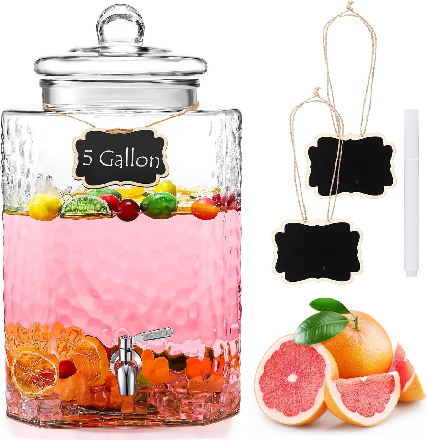 Baderke 5 Gallon Glass Drink Dispenser for Parties Beverage Dispensers Glass Water Dispenser with18/8 Stainless Steel Leakproof Spigot Hanging Chalkboard Signs Pen for Party Wedding (Fashion Style)