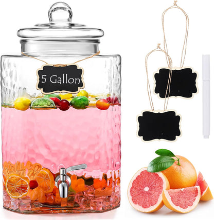 Baderke 5 Gallon Glass Drink Dispenser for Parties Beverage Dispensers Glass Water Dispenser with18/8 Stainless Steel Leakproof Spigot Hanging Chalkboard Signs Pen for Party Wedding (Fashion Style)