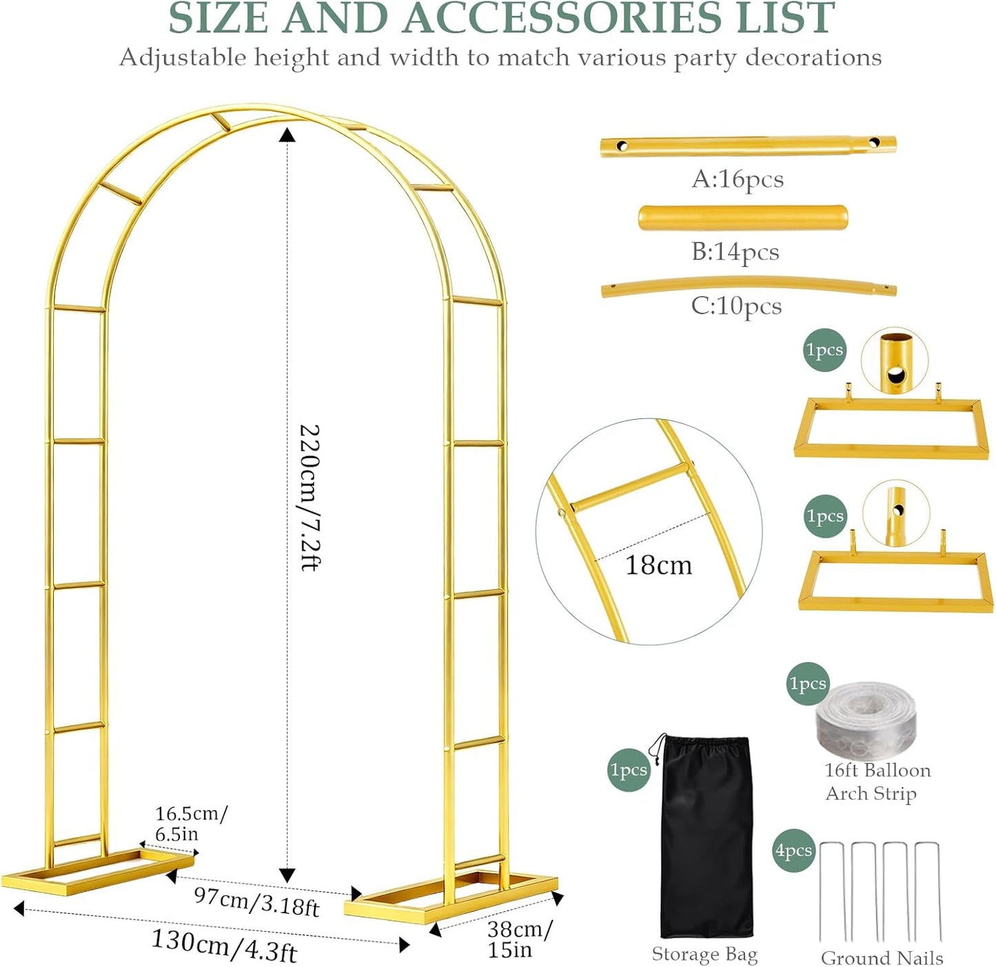 WellSign Wedding Arch Backdrop Stand 7.2FT, 6FT Set of 2, Gold Metal Balloon Arch kit Stand for Gender Reveal Ceremony Engagement Anniversary Bridal Valentine Party Event Decoration