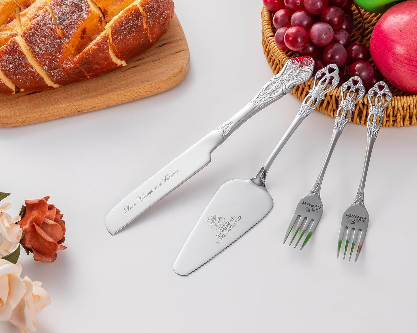 Cake Cutting Set for Wedding, Gold Wedding Cake Knife and Server Set, 4 Pieces pizza spatula and Knife with Forks for Engagements, Anniversaries