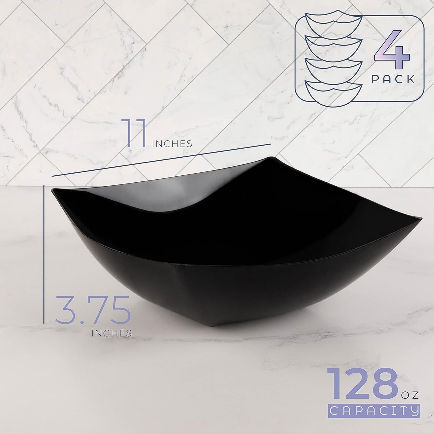 PLASTICPRO Disposable 64 ounce Square Serving Bowls, Party Snack or Salad Bowl, Large Plastic Elegant White Pack of 4
