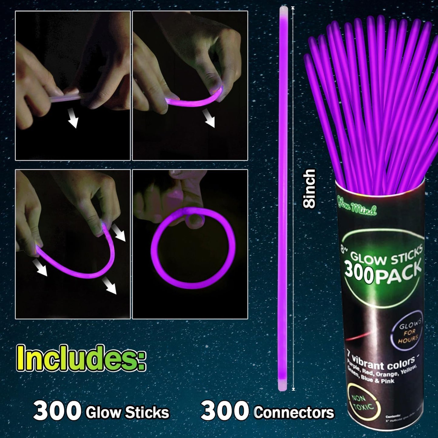 300 PCS Glow Sticks Bulk Glow Bracelet and Necklaces with 150PCS Connectors 8" Glowsticks Light Up Neon Party Favors for July 4th Halloween Wedding Birthday Hawii Carnival(RedBlueWhite)