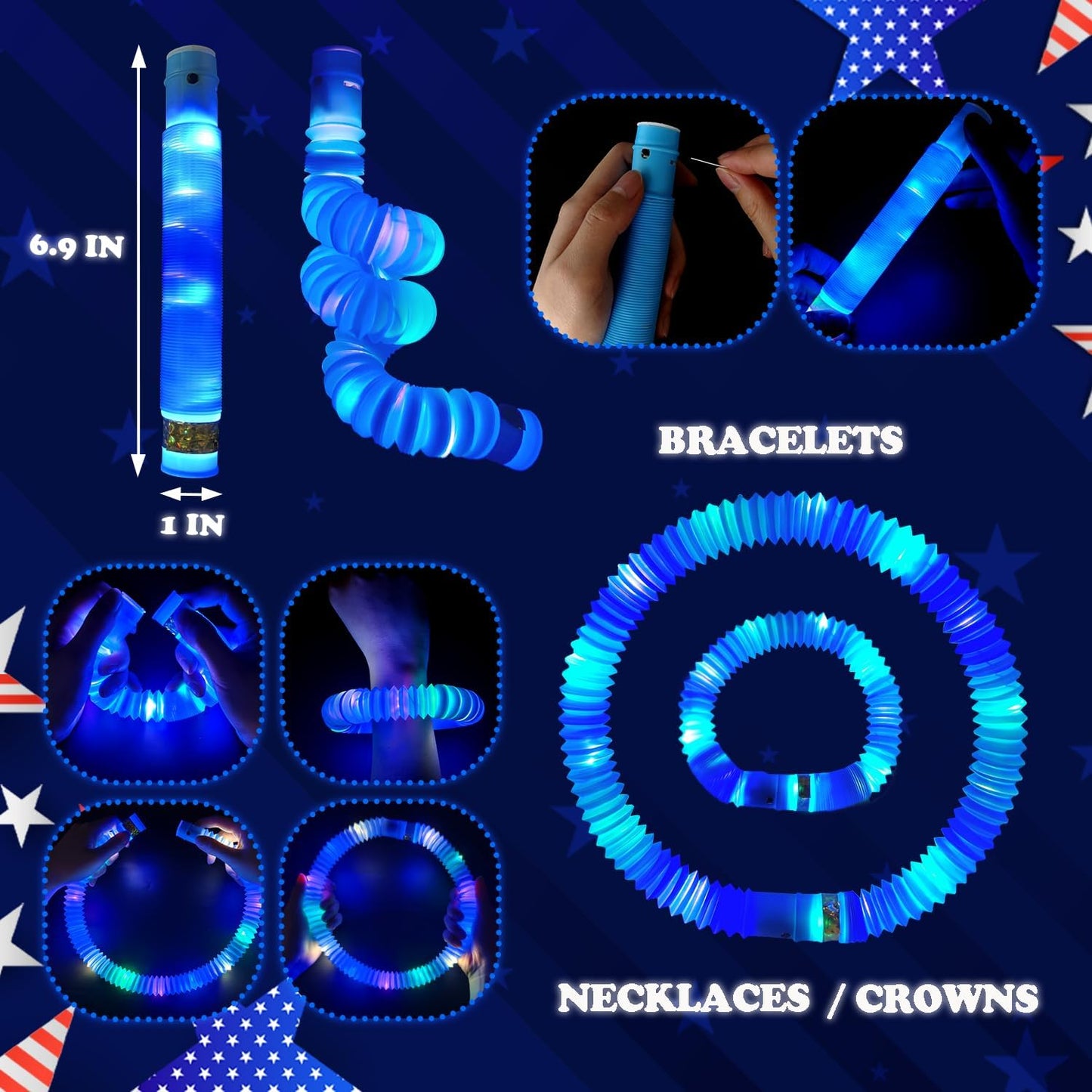 Orange Glow Sticks Party Favors Supplies for Kids 24 PCS,4th of July LED Light up Pop Tubes for Toddlers,Neon Necklaces Bracelets Accessories,Birthday Dance Party 250th Anniversary Camping Toys Gifts