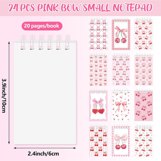 Resurhang 24 Pcs Pink Bow Cherry Mini Notebook Coquette Small Spiral Journal Notepad Cute Girly Pocket Memo Notebook for Women Party Office Supplies