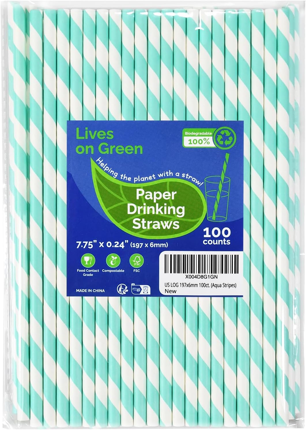 Disposable Paper Straws Solid Green - 7.75'' x 0.24'', 100 Counts - for Drinking, Beverage, Juice, Soda, Bar Supplies
