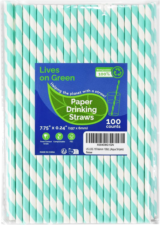 Disposable Paper Straws Solid Green - 7.75'' x 0.24'', 100 Counts - for Drinking, Beverage, Juice, Soda, Bar Supplies