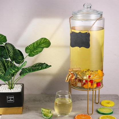 Drink Dispensers for Parties 1 Gallon, Bevarage Dispenser with Stand,Glass Drink Dispenser With Stainless Steel Spigot + Marker & Chalkboard, Ideal for Lemonade,Juice, Tea, and Party Drinks