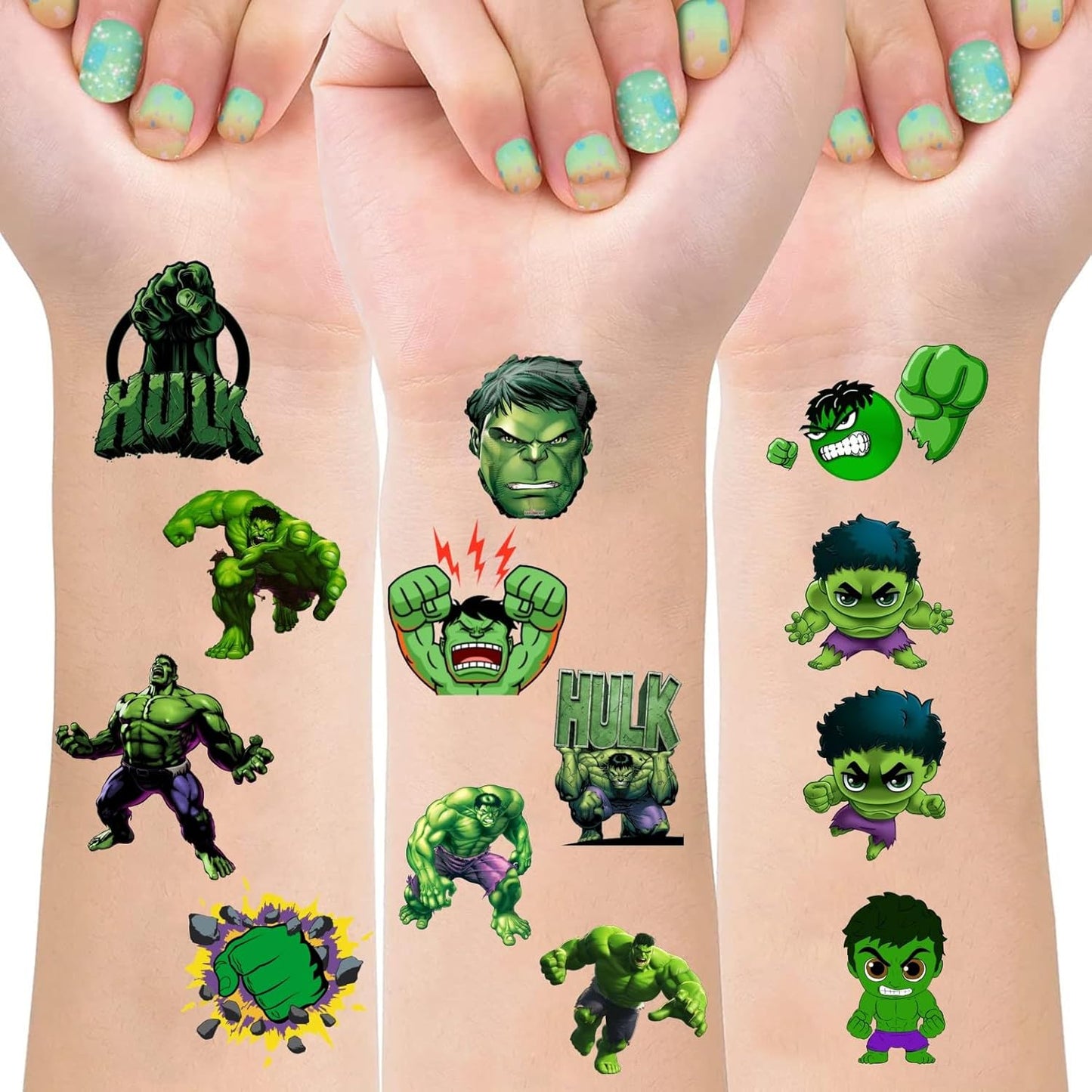 8 Sheets Green Hero Temporary Tattoos for Kids, Green Hero Birthday Party Decorations Party Favors for Kids Party Supplies