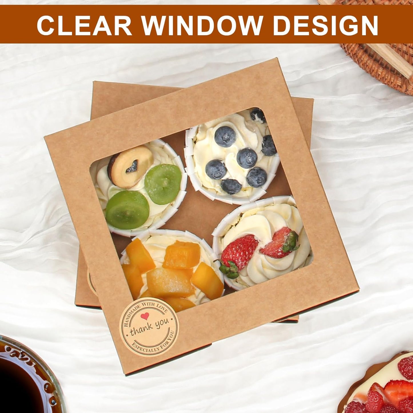 OAMCEG 50 PCS Cupcake Boxes with Window, 6x6x3 Inch Cookie Boxes, Bakery Treat Boxes for Pastry, Dessert, Chocolate Strawberries, Cupcake Containers, Gift Giving with Stickers & Twine （Brown）