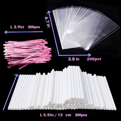 Basquei Cake Pop Sticks 6 Inches, Cake Pop Bags (3.9"X4.7"), Pink Metallic Twist Ties, 300 Pcs Cake Pop Kit Used for, Lollipops Cake, Candies, Chocolates Making Tools