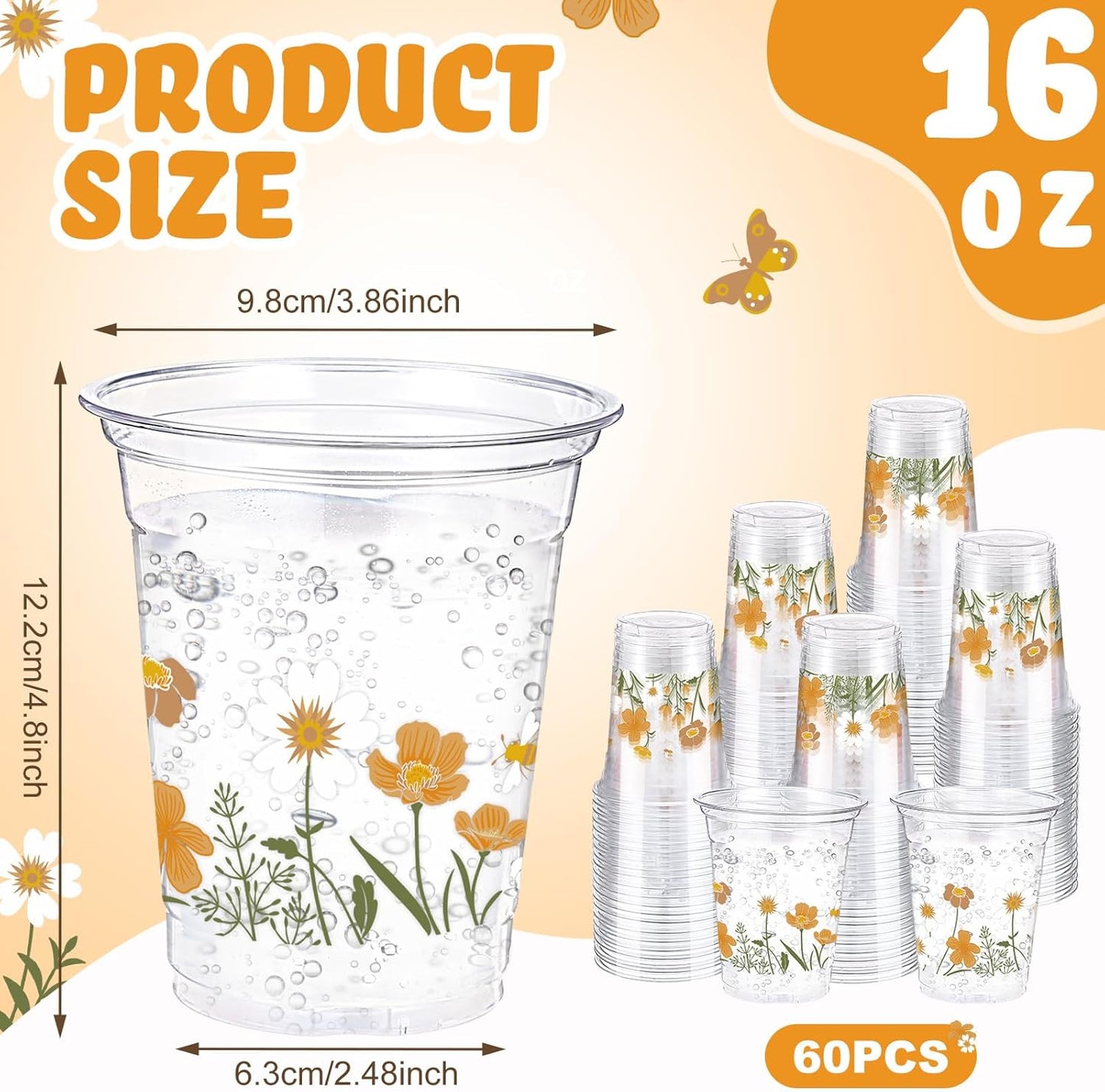 Hushee 60 Pcs Purple Floral Cups with Spring Summer Flower 16 oz Wildflowers Plastic Disposable Drinking Cups for Summer Spring Birthday Baby Shower Wedding Party Supplies