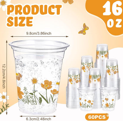 Hushee 60 Pcs Purple Floral Cups with Spring Summer Flower 16 oz Wildflowers Plastic Disposable Drinking Cups for Summer Spring Birthday Baby Shower Wedding Party Supplies