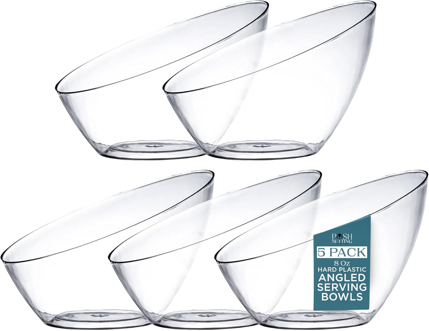 Posh Setting Crystal Clear, Disposable Premium Hard Plastic Medium Angled Bowl, Party, Salad, Snack and Fruit Bowl 5 Pack
