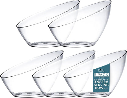 Posh Setting Crystal Clear, Disposable Premium Hard Plastic Medium Angled Bowl, Party, Salad, Snack and Fruit Bowl 5 Pack