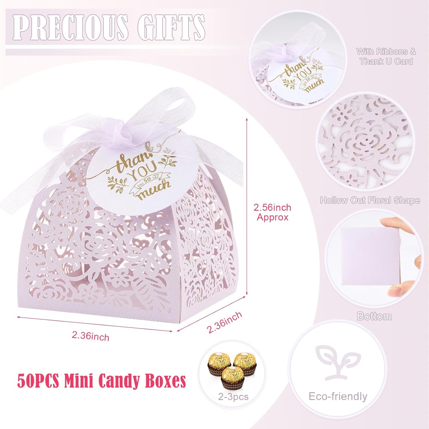 AdasBridal 50Pcs Small Gift Boxes for Party Favors, Laser Cut Candy Boxes Wedding Favor with Thank You Card Ribbons for Bridal Baby Shower Wedding Decorations (White, 2.36")