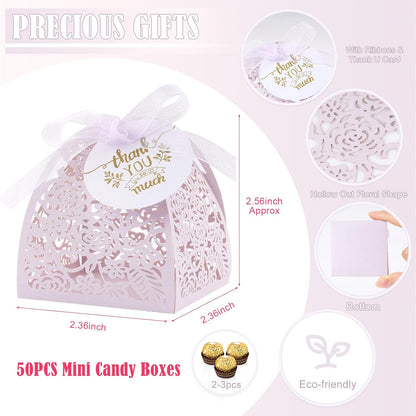 AdasBridal 50Pcs Small Gift Boxes for Party Favors, Laser Cut Candy Boxes Wedding Favor with Thank You Card Ribbons for Bridal Baby Shower Wedding Decorations (White, 2.36")
