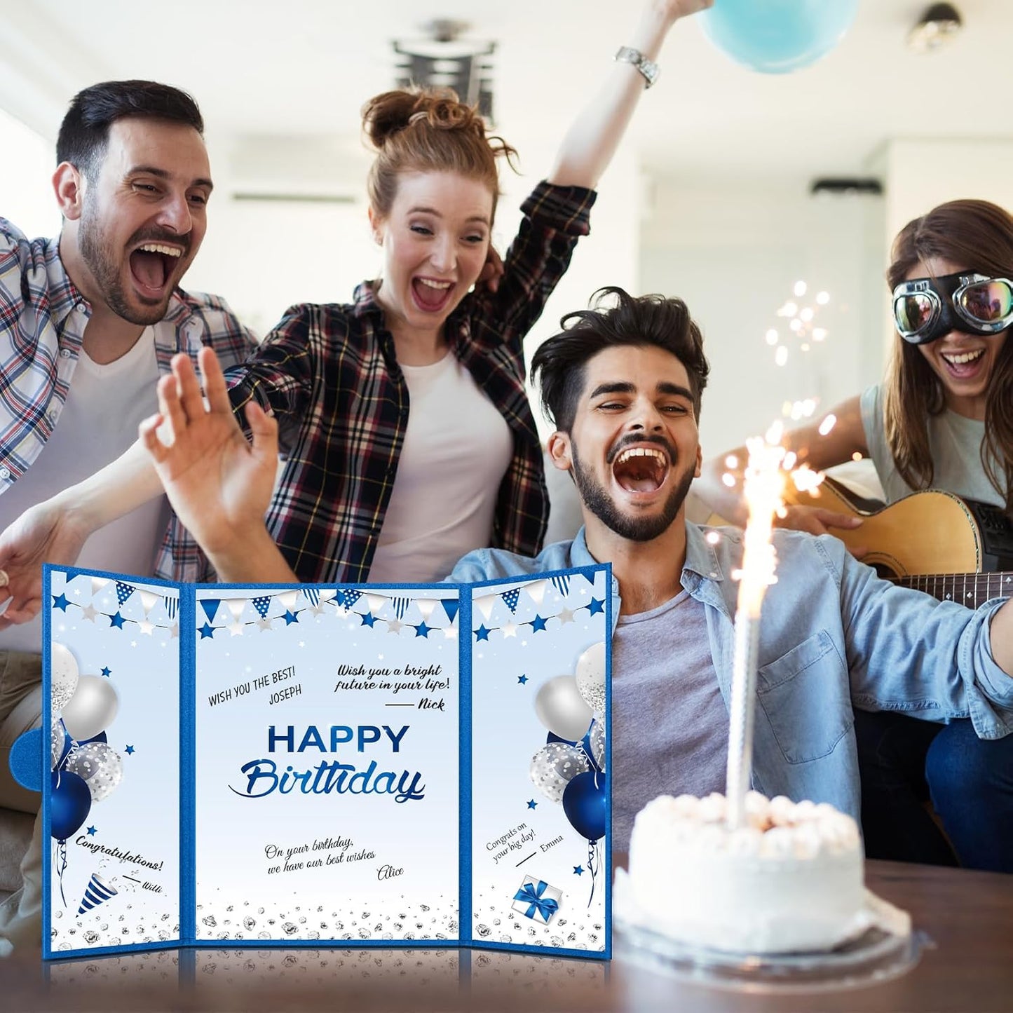 Engrowtic Large Blue and Silver Birthday Guest Book Card Creative Happy Birthday Guest Book Alternative Signature Greeting Card Gifts for Boy Men Baby Shower Decoration Party Supply